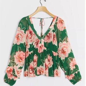Anthropologie Farm Rio Rayna Blouse Sz Small Puff Sleeve Tropical Floral